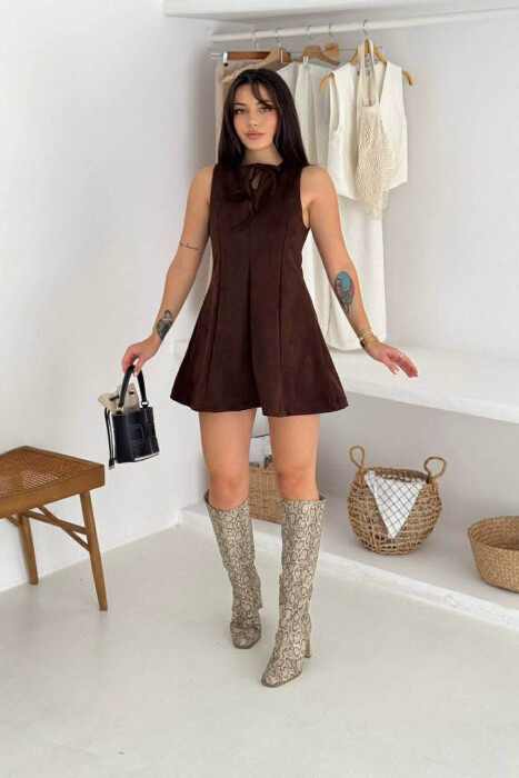 ONE COLOR SUEDE SHORT SLEEVELESS WOMEN DRESS DARK BROWN/KAE - KLAUDIO FASHION