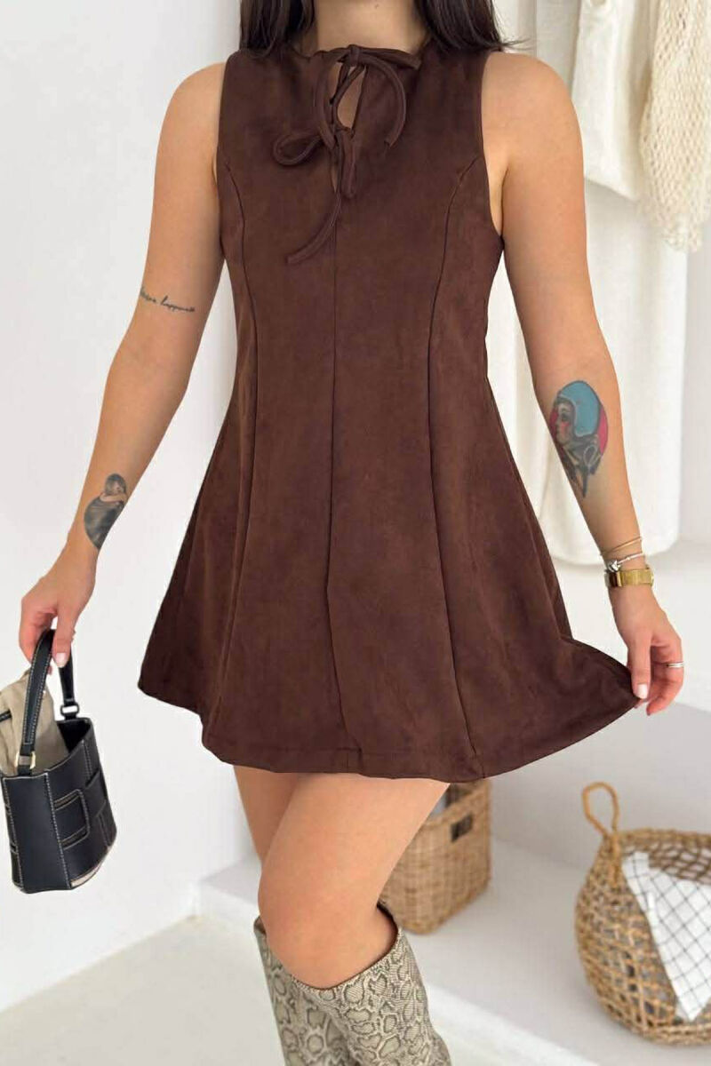 ONE COLOR SUEDE SHORT SLEEVELESS WOMEN DRESS DARK BROWN/KAE - 2