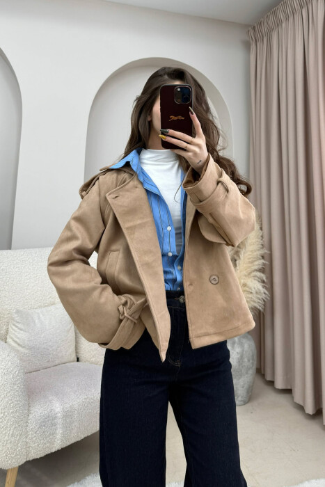 ONE COLOR SUEDE SIMPLE WOMEN JACKET BEIGE/BEZHE - 2