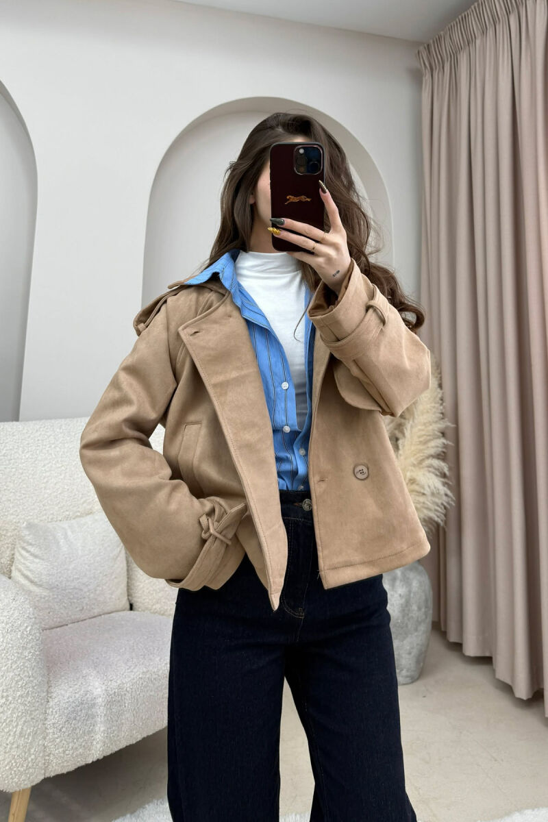 ONE COLOR SUEDE SIMPLE WOMEN JACKET BEIGE/BEZHE - 2
