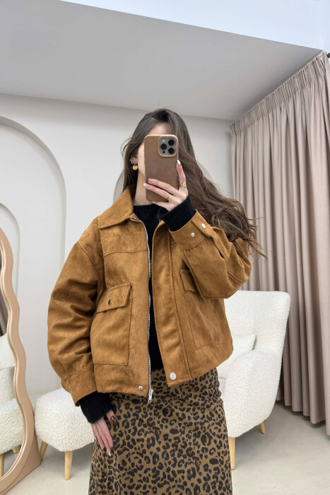 ONE COLOR SUEDE SIMPLE WOMEN JACKET BROWN/KAFE - KLAUDIO FASHION