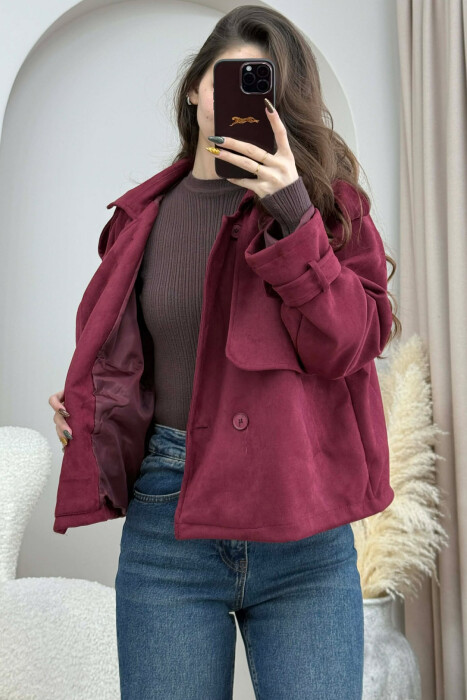 ONE COLOR SUEDE SIMPLE WOMEN JACKET BURGUNDY/VISHNJE - 3