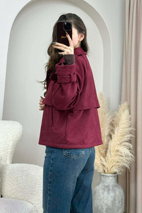 ONE COLOR SUEDE SIMPLE WOMEN JACKET BURGUNDY/VISHNJE - 4