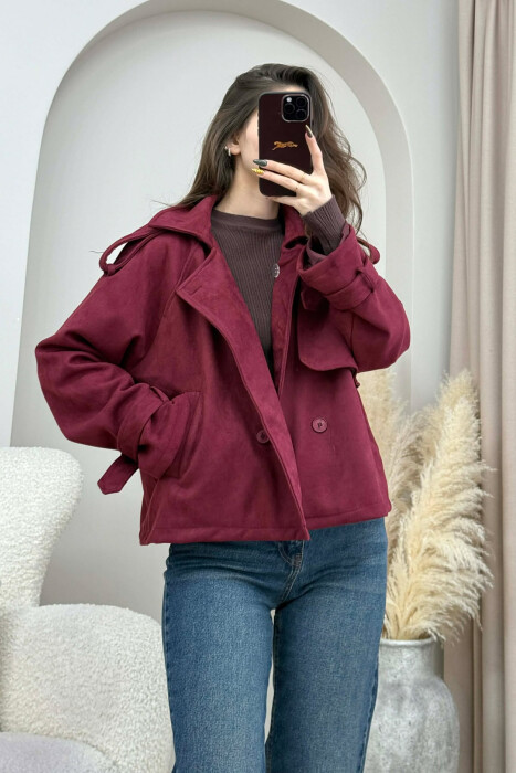 ONE COLOR SUEDE SIMPLE WOMEN JACKET BURGUNDY/VISHNJE - 5