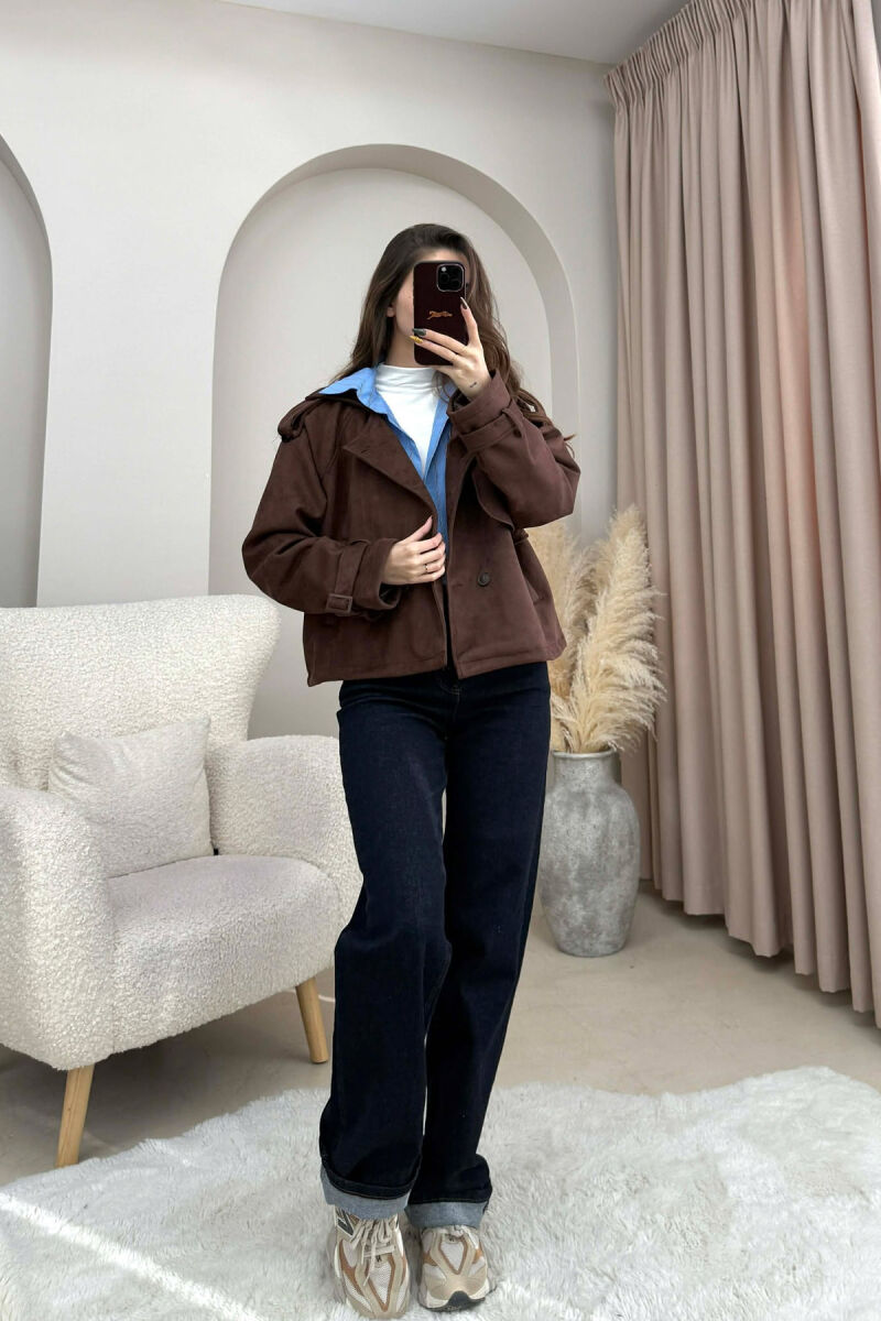 ONE COLOR SUEDE SIMPLE WOMEN JACKET DARK BROWN/KAE - 1