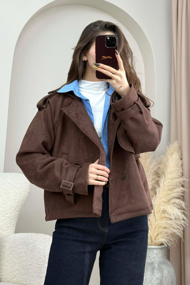 ONE COLOR SUEDE SIMPLE WOMEN JACKET DARK BROWN/KAE - 3
