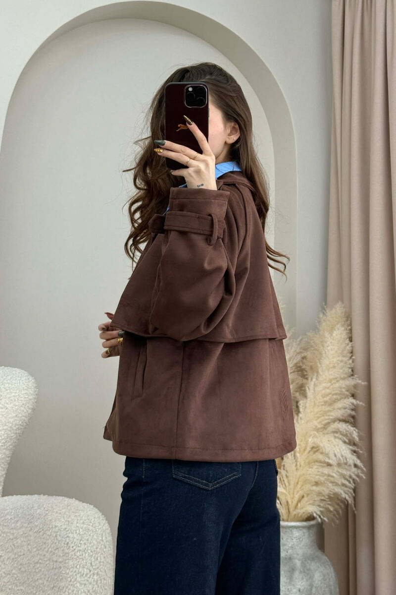 ONE COLOR SUEDE SIMPLE WOMEN JACKET DARK BROWN/KAE - 4