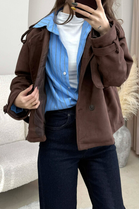ONE COLOR SUEDE SIMPLE WOMEN JACKET DARK BROWN/KAE - 5