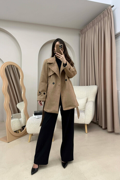 ONE COLOR SUEDE WOMAN TRENCH COAT BEIGE/BEZHE - KLAUDIO FASHION