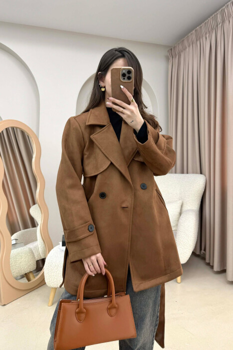 ONE COLOR SUEDE WOMAN TRENCH COAT DARK BROWN/KAE - KLAUDIO FASHION
