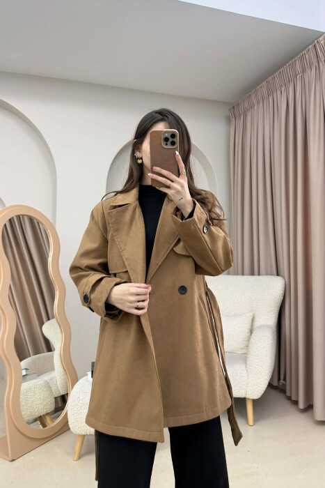 ONE COLOR SUEDE WOMAN TRENCH COAT LIGHT BROWN/KAZB - KLAUDIO FASHION