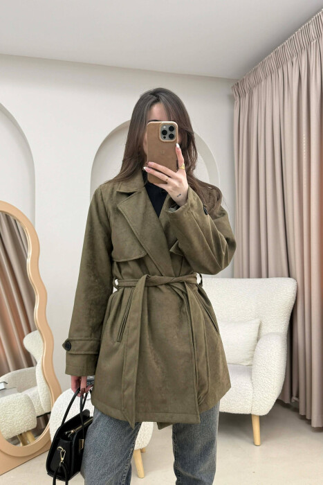 ONE COLOR SUEDE WOMAN TRENCH COAT OLIVE/ULLI - KLAUDIO FASHION