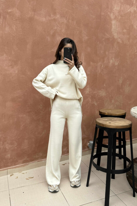ONE COLOR SWEATER+TROUSERS KNIT WOMEN SET CREAM/KREM - 