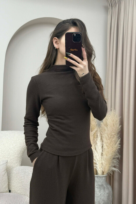 ONE COLOR SWEATSHIRT+ TROUSERS WOMEN SET BROWN/KAFE - 3