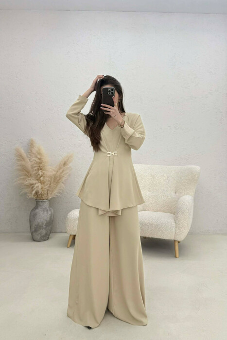 ONE COLOR SHIRT + WIDE LEG TROUSERS WOMAN SET BEIGE/BEZHE - 1