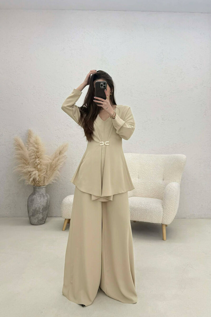 ONE COLOR SHIRT + WIDE LEG TROUSERS WOMAN SET BEIGE/BEZHE - 1