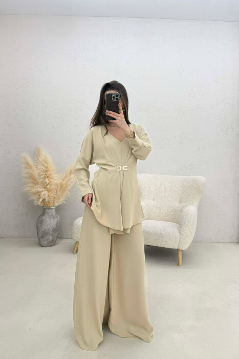 ONE COLOR SHIRT + WIDE LEG TROUSERS WOMAN SET BEIGE/BEZHE - 3