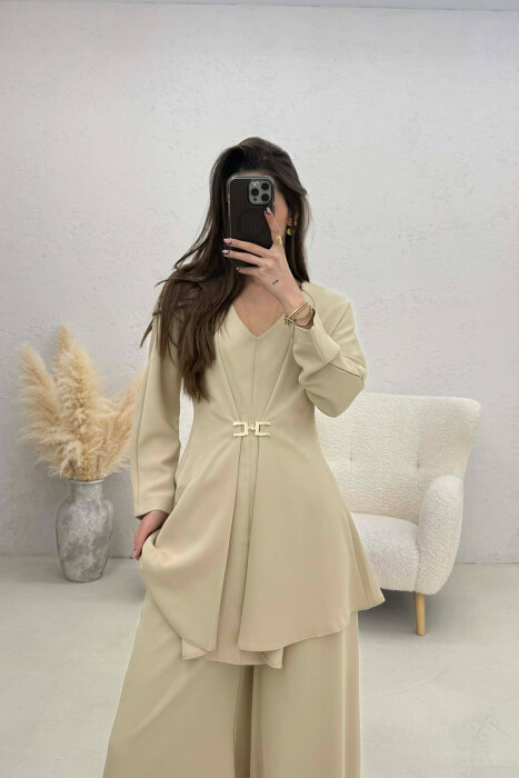ONE COLOR SHIRT + WIDE LEG TROUSERS WOMAN SET BEIGE/BEZHE - 4