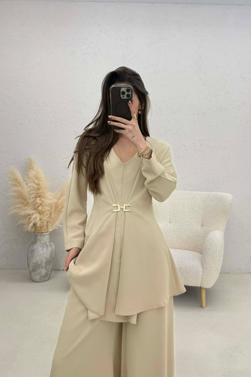 ONE COLOR SHIRT + WIDE LEG TROUSERS WOMAN SET BEIGE/BEZHE - 4