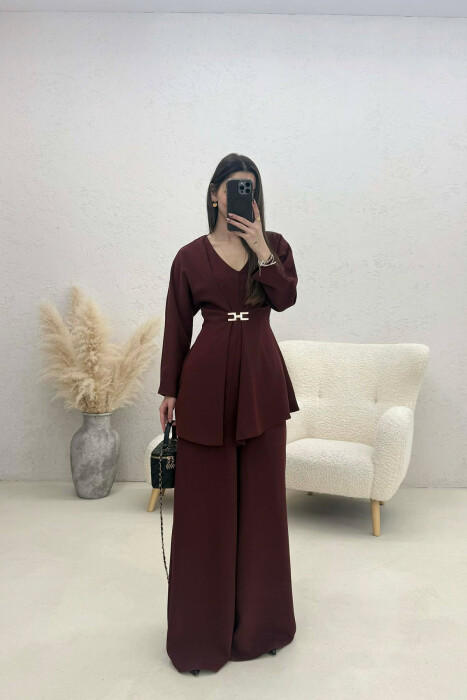 ONE COLOR SWEATSHIRT + WIDE LEG TROUSERS WOMAN SET BURGUNDY/VISHNJE - KLAUDIO FASHION
