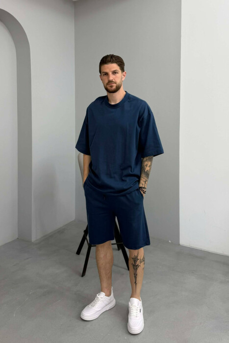 ONE COLOR T-SHIRT + SHORTS MEN SET DARK BLUE/BEE - 1