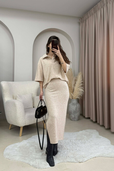 ONE COLOR T-SHIRT+ SKIRT WOMEN SET BEIGE/BEZHE - 1