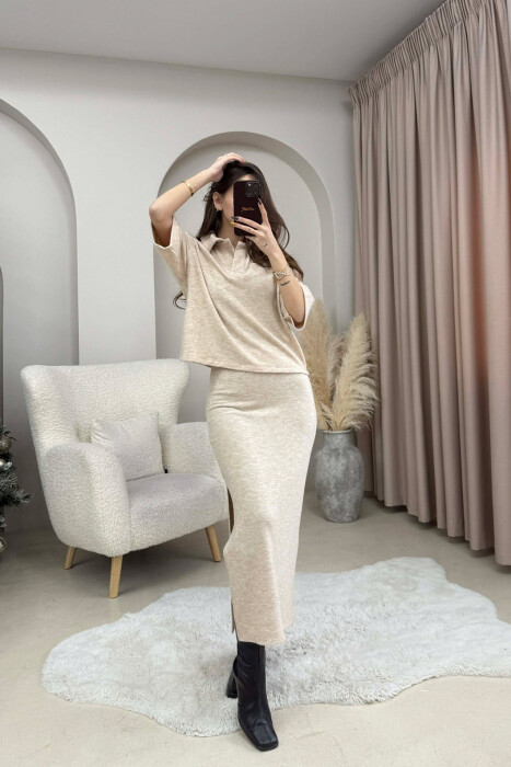 ONE COLOR T-SHIRT+ SKIRT WOMEN SET BEIGE/BEZHE - 2