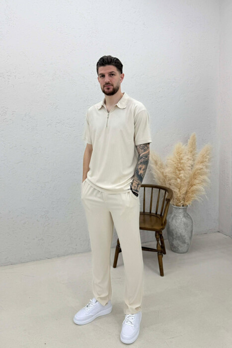 ONE COLOR T-SHIRT + TROUSERS MEN SWEATSUIT SET BEIGE/BEZHE 