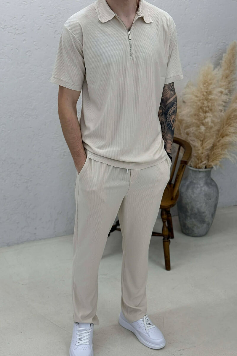 ONE COLOR T-SHIRT + TROUSERS MEN SWEATSUIT SET BEIGE/BEZHE - 2