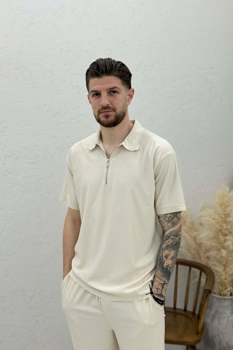 ONE COLOR T-SHIRT + TROUSERS MEN SWEATSUIT SET BEIGE/BEZHE - 3