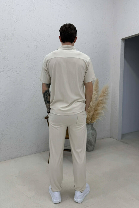 ONE COLOR T-SHIRT + TROUSERS MEN SWEATSUIT SET BEIGE/BEZHE - 5