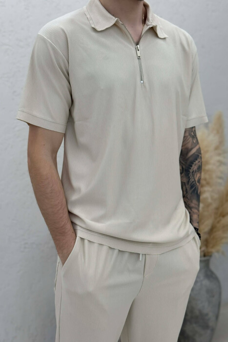 ONE COLOR T-SHIRT + TROUSERS MEN SWEATSUIT SET BEIGE/BEZHE - 4