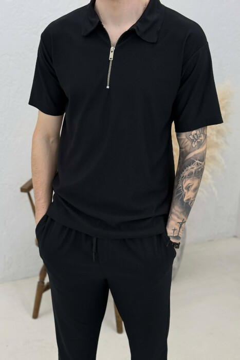 ONE COLOR T-SHIRT + TROUSERS MEN SWEATSUIT SET BLACK/ E ZEZE - 4