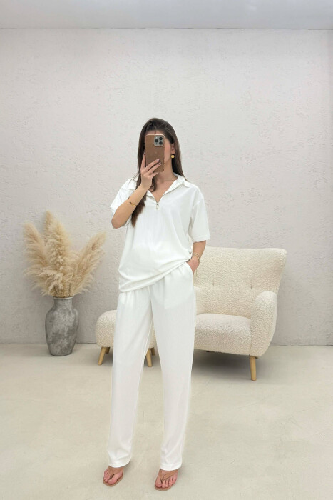 ONE COLOR T-SHIRT + TROUSERS WOMAN TWO PIECE SET WHITE-E BARDHE - 1