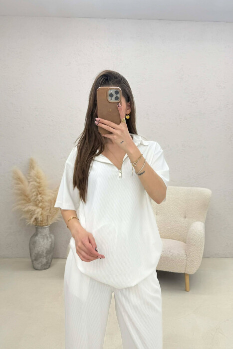 ONE COLOR T-SHIRT + TROUSERS WOMAN TWO PIECE SET WHITE-E BARDHE - 2
