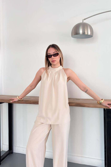 ONE COLOR TANK TOP + TROUSERS WOMAN SET CREAM/KREM - 5