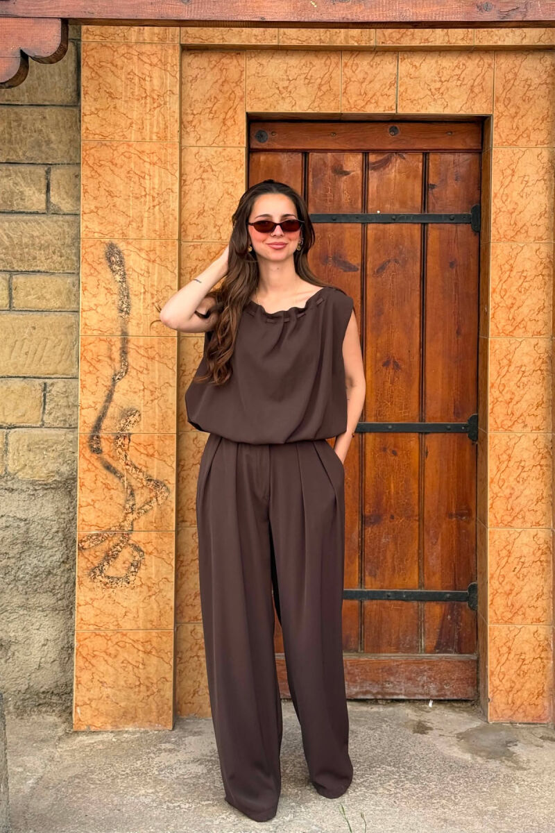 ONE COLOR TANK TOP + WIDE LEG TROUSERS WOMAN SET BROWN/KAFE - 1