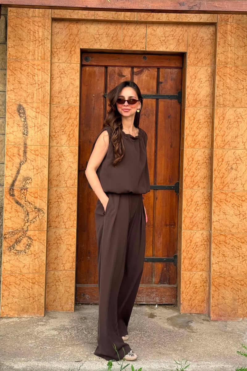 ONE COLOR TANK TOP + WIDE LEG TROUSERS WOMAN SET BROWN/KAFE - 5