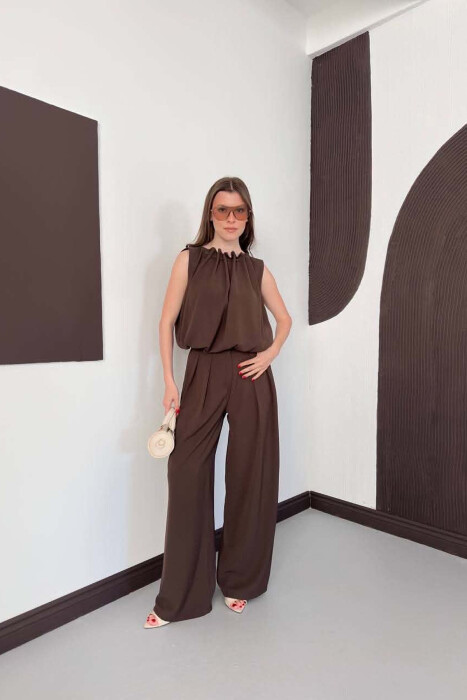 SET NJE NGJYRESH KANATJERE + PANTALLONA TE GJERA PER FEMRA NE NGJYRE KAFE TE ERRET - KLAUDIO FASHION