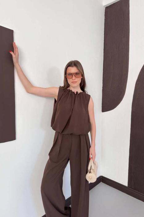 ONE COLOR TANK TOP + WIDE LEG TROUSERS WOMAN SET DARK BROWN/KAE - 2