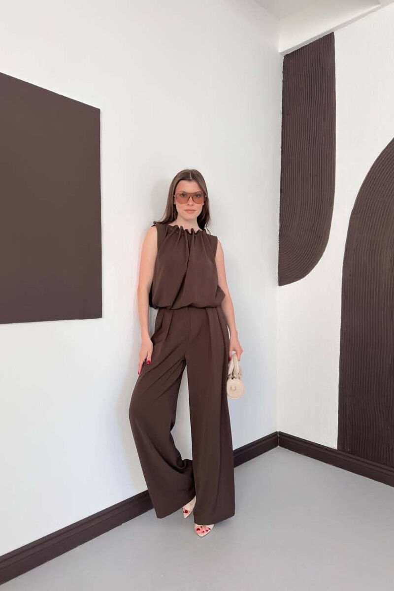 ONE COLOR TANK TOP + WIDE LEG TROUSERS WOMAN SET DARK BROWN/KAE - 6