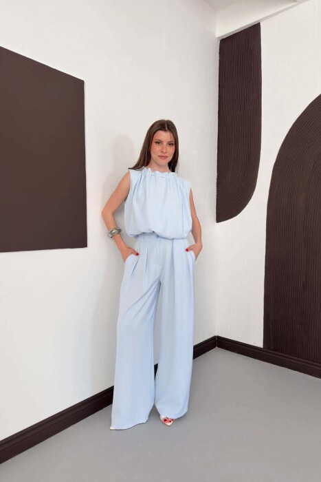 SET NJE NGJYRESH KANATJERE + PANTALLONA TE GJERA PER FEMRA NE NGJYRE BLU TE ZBARDHUR - KLAUDIO FASHION