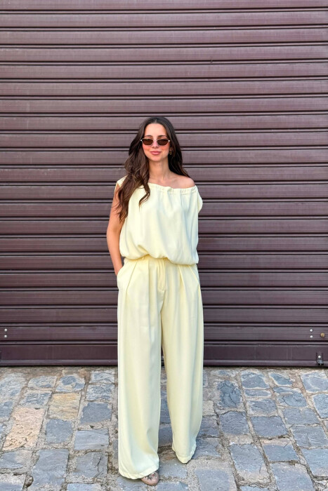 SET NJE NGJYRESH KANATJERE + PANTALLONA TE GJERA PER FEMRA NE NGJYRE TE VERDHE - KLAUDIO FASHION