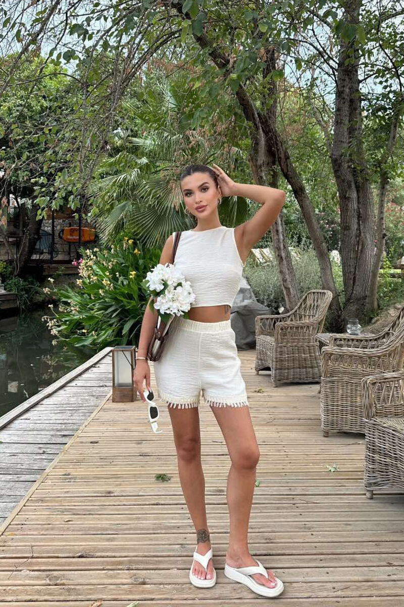 ONE COLOR TANK TOP+SHORTS WOMEN SET CREAM/KREM - 7