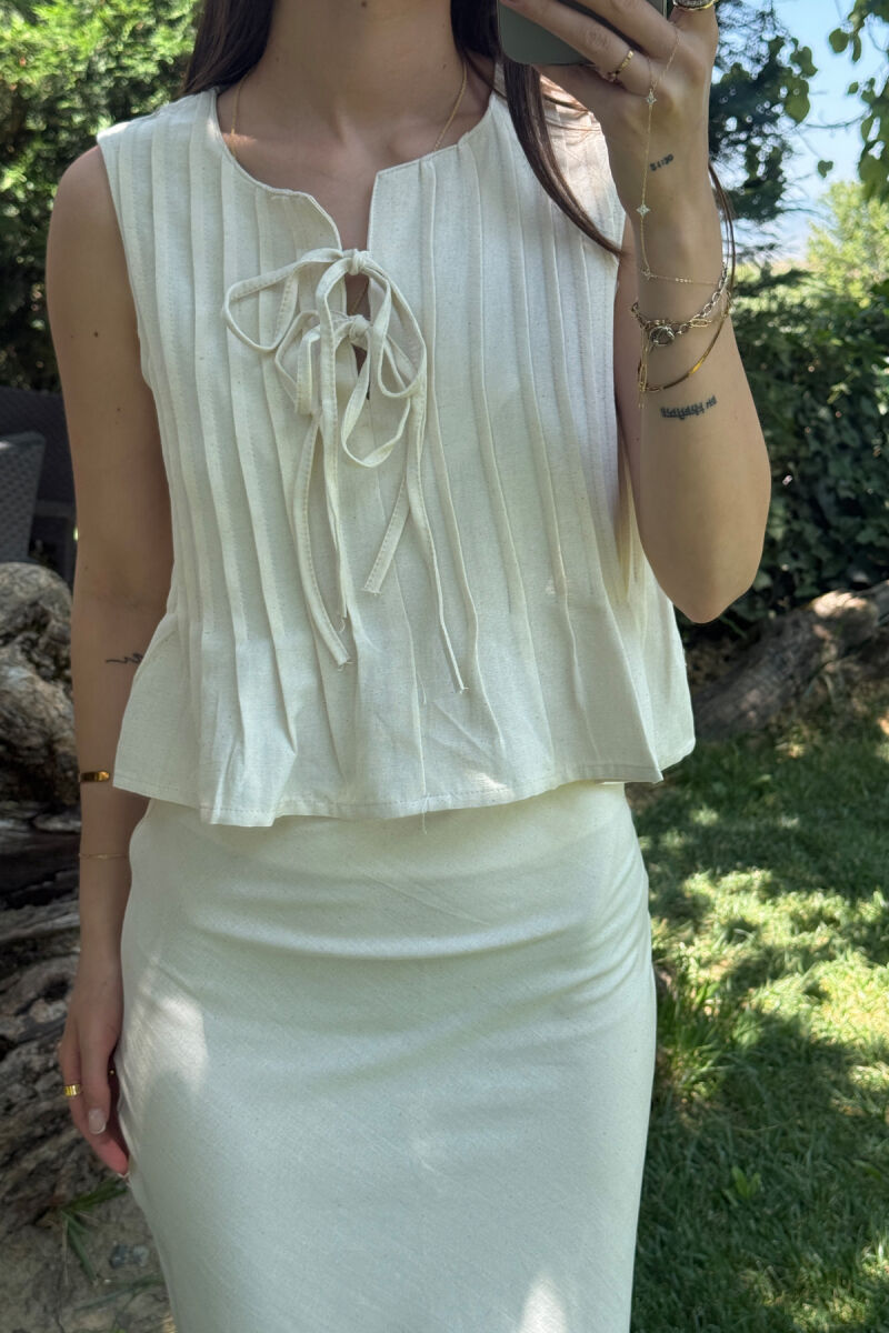 ONE COLOR TANK TOP+SKIRT WOMEN SET CREAM/KREM - 3