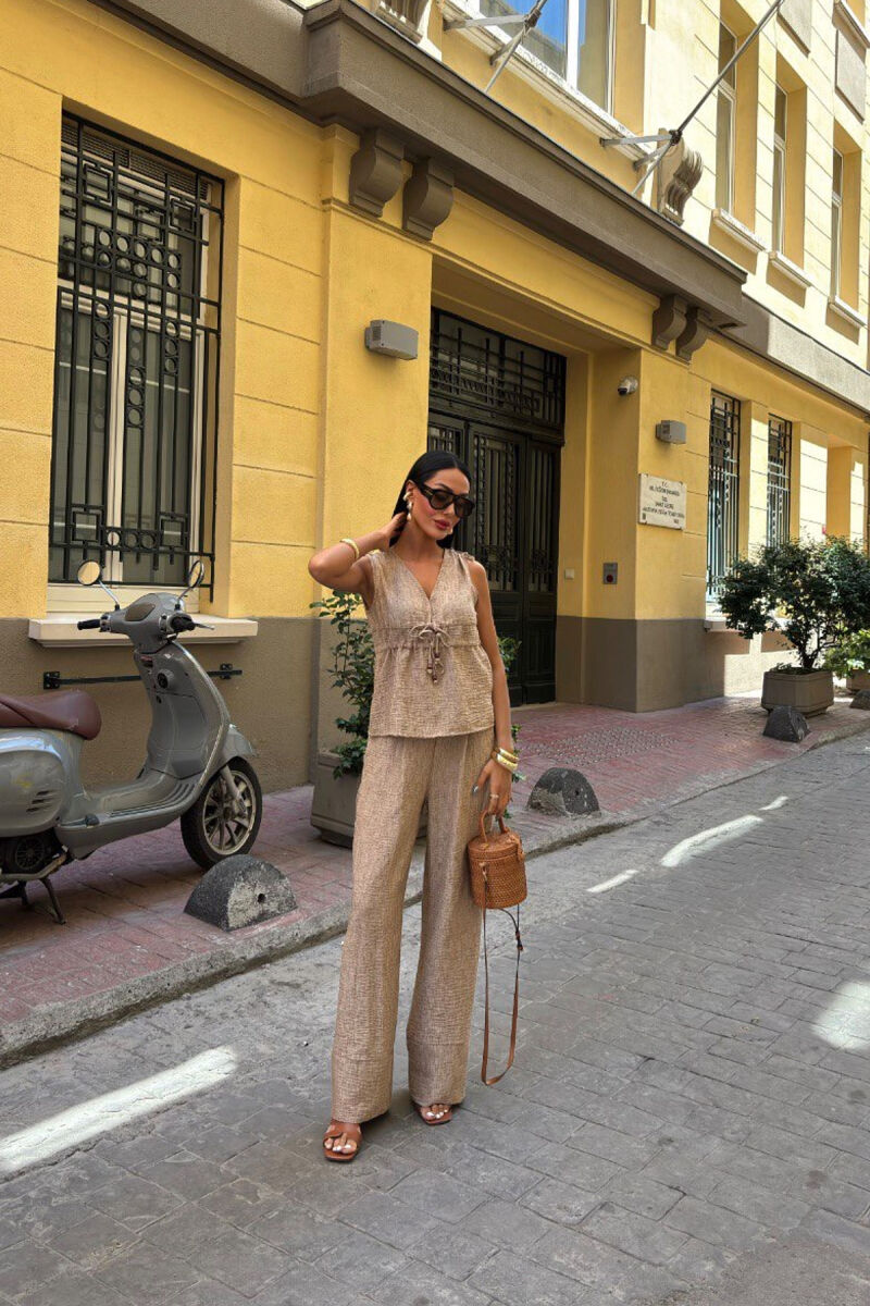 ONE COLOR TANK TOP+TROUSERS WOMEN SET LIGHT BROWN/KAZB - 1