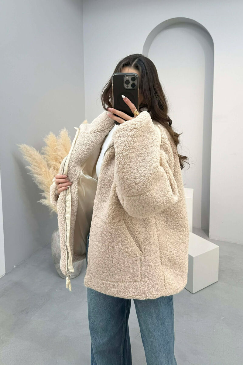 ONE COLOR TEDDY BEAR WOMEN JACKET CREAM/KREM - 5