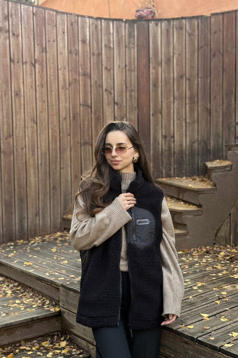 ONE COLOR TEDDY ZIPPER WOMEN VEST BLACK/ E ZEZE - 2