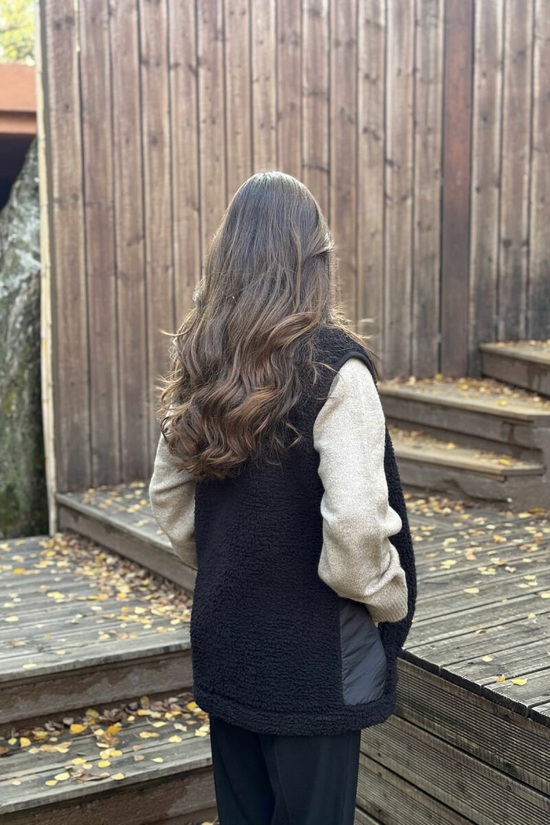 ONE COLOR TEDDY ZIPPER WOMEN VEST BLACK/ E ZEZE - 3