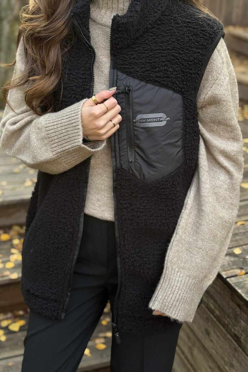 ONE COLOR TEDDY ZIPPER WOMEN VEST BLACK/ E ZEZE - 4